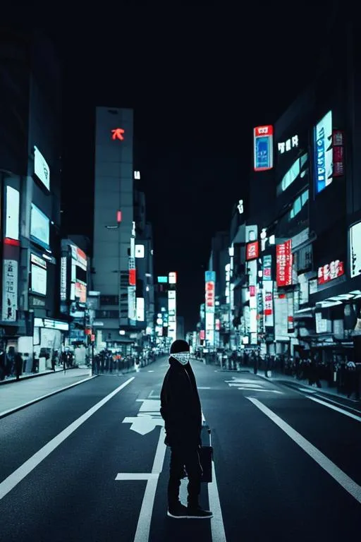 Prompt: a cool guy standing in the middle of street in middle of the night in  Tokyo wearing a black cloths, wearing a black mask, no people around him, his hands in his pocket, wearing a black cap, wearing a black glasses, wearing a black headphones, no light in the Steet, nothing white in the image, dont show his face