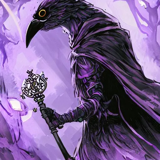 Prompt: a humanoid, crow with a purple hooded cloak, wizard like, holding a mage staff, in fantasy/furry style like a tarot card

