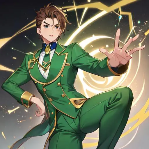 Prompt: Male with green suit,brown hair,brown eyes, white skin color, jojo pose, one person