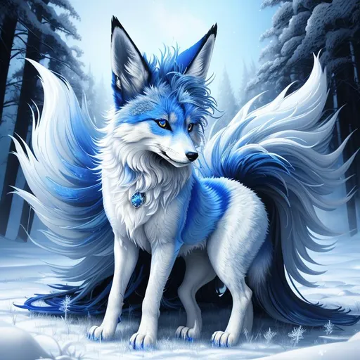 Prompt: masterpiece, professional oil painting, epic digital art, best quality, highly detailed, extremely beautiful blue vixen ((fox)), (canine quadruped), female, adolescent, ice elemental, deep royal blue fur covered in frost, (bashful hypnotic sapphire blue eyes), 8k eyes, sprawled on frosted field, insanely beautiful, gorgeous billowing silver mane covered in frost, (plump:2), brightly glistening fur, thick silky glistening mane, by Anne Stokes, by Yuino Chiri, professional, mid close up, detailed smiling face, finely detailed fur, hyper detailed fur, (soft silky insanely detailed fur), moonlight beaming through clouds, grassy field covered in frost, fluffy fox ears, highly detailed mouth, cool colors, beaming sun, professional, symmetric, golden ratio, unreal engine, depth, volumetric lighting, rich oil medium, (brilliant auroras), (ice storm), full body focus, beautifully detailed background, highly detailed defined furry legs, cinematic, 64K, UHD, intricate detail, high quality, high detail, masterpiece, intricate facial detail, high quality, detailed face, intricate quality, intricate eye detail, highly detailed, high resolution scan, intricate detailed, highly detailed face, very detailed, high resolution