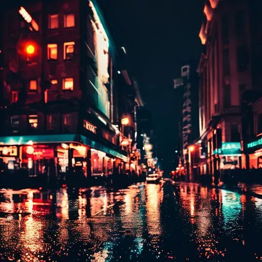 Prompt: Rain, night, lights, street