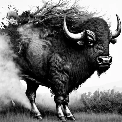 Prompt: Flaming buffalo, powerful, monochrome