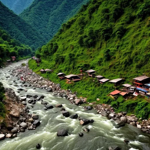 Prompt: nature with mountains, river, forest with a touch of nepalese flavour