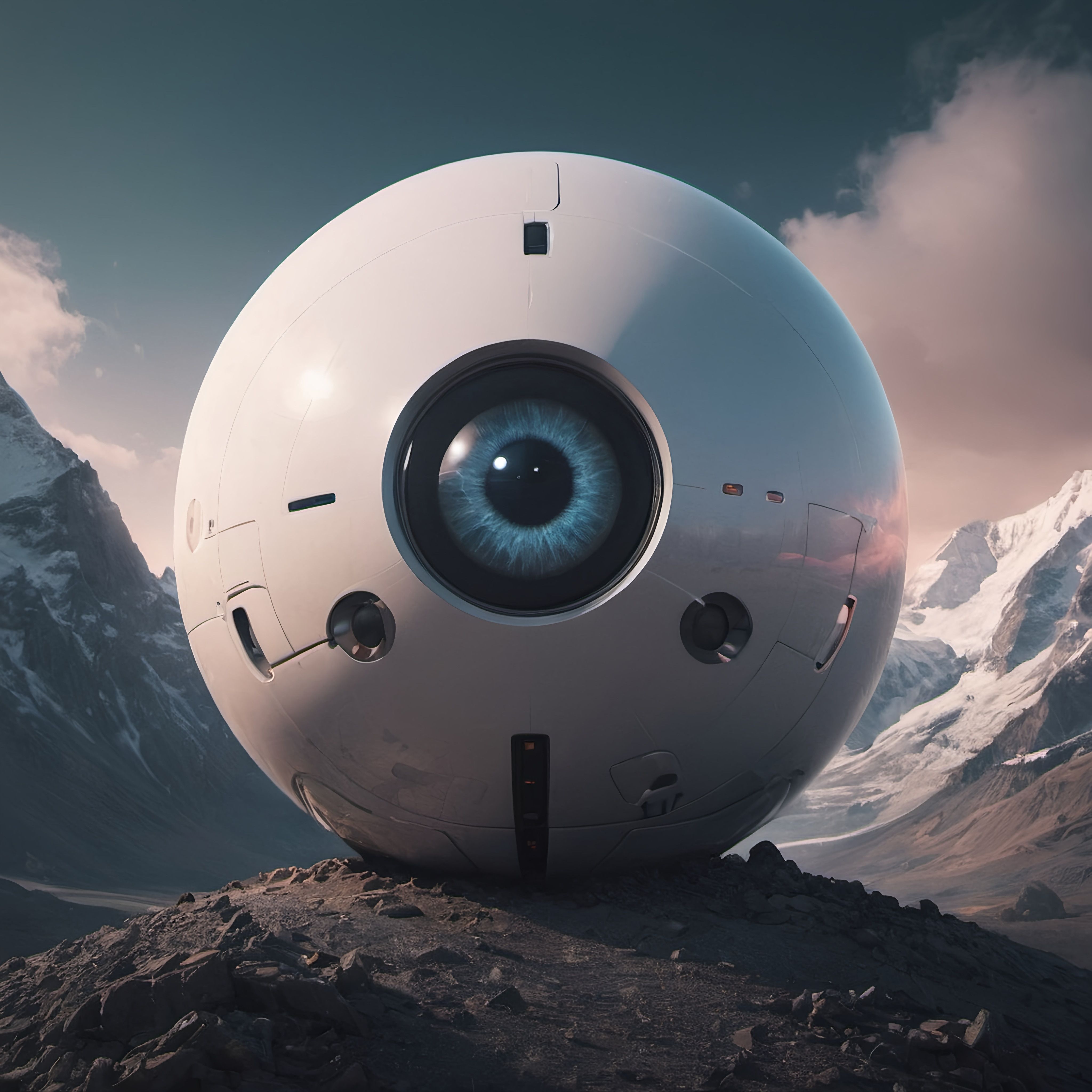 Prompt: a large white art object with a blue eye on top of a mountain with snow covered mountains in the background