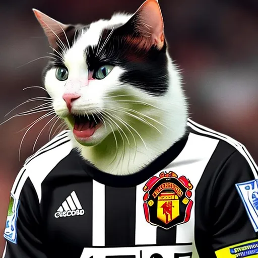 Prompt: Black and white cat in a man united kit