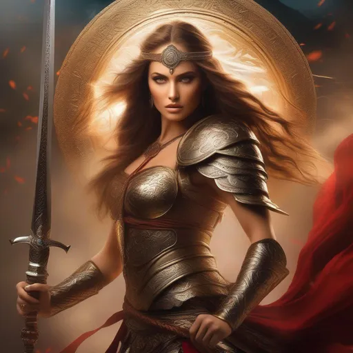 Prompt: In a kingdom where the beauty of femininity and sensuality intertwine, a warrior emerges with a legendary weapon. She possesses mesmerizing eyes that possess a magnetic pull, embodying a divine allure that speaks not only of her strength and grace, but also of an ethereal sensuality that awakens passion and desire.