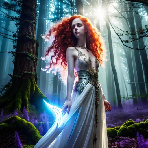 Prompt: Detailed fantasy 8k mystical light portrait of a moon witch with ivory clear skin, long curly redhead hair, deep purple eyes. Gorgeous hot body, she wears elegant aderent green dress, night light, forest, dramatic, charming pose, magical, fantasy,  high detailed, dramatic light