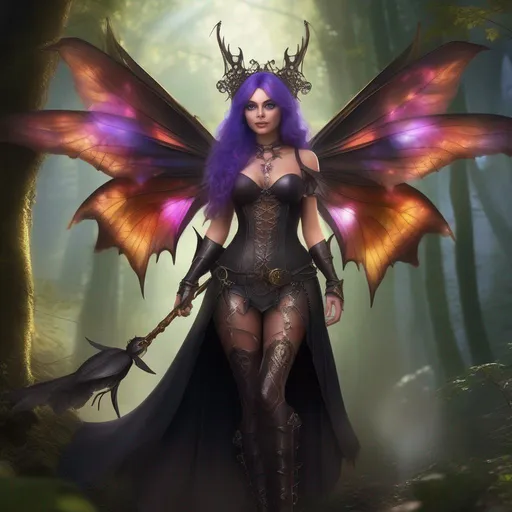 Prompt: Epic. Cinematic. Shes a (colorful), Steam Punk, gothic, witch. ((spectacular)), Winged fairy, with a skimpy, ((colorful)), gossamer, flowing outfit, standing in a forest by a village. ((Wide angle)). Detailed Illustration. 8k.  Full body in shot. (Hyper real painting). Photo real. A ((beautiful)), shapely, woman with ((anatomically real hands)), and ((vivid)) colorful, ((bright)) eyes. A ((pristine)) Halloween night. (Concept style art). 