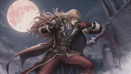 Prompt: Castlevania: Leon Belmont fighting a greater-than-life Dracula demon under a bright blood red full moon. detailed masterpiece, fantasy, high-res, quality upscaled image, perfect composition, unreal engine 4