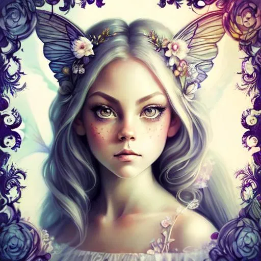 Prompt: Gorgeous intricate Fairy portrait with big eyes like Jasmine Becket Griffith, fantasy, horse, digital art, white horse, fairy, wings, rendered, artstation trending, Majestic white horse Stunning, intricate details