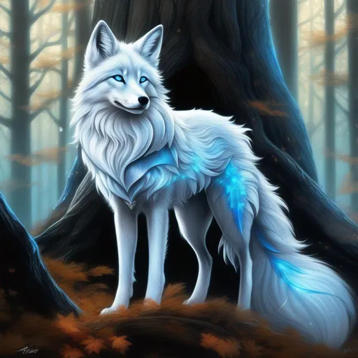 Prompt: (masterpiece, 2D, ultra detailed, epic digital art, professional illustration, fine colored pencil), Adolescent runt ((kitsune)), (canine quadruped), nine-tailed fox, dreamy blue eyes, fuzzy {black-silver} pelt, pointy silver ears, in a large forested clearing, trees tower above her, misty rain, clear puddles on floor, the forest lights up against twilight, possesses ice, timid, curious, cautious, nervous, alert, expressive bashful gaze, slender, scrawny, fluffy mane, {frost} on face, dynamic perspective, frost on fur, fur is frosted, sparkling ice crystals in sky, sparkling ice crystals on fur, sparkling rain falling, frost on leaves, dreamy, melodic, highly detailed character, petite body, large ears, full body focus, perfect composition, trending art, 64K, 3D, illustration, professional, studio quality, UHD, HDR, vibrant colors