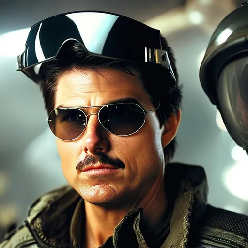 Prompt: maverick with a thick mustache played by tom cruise with a thick mustache holding his pilot helmet.