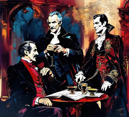 Prompt: (Vincent Price as Van Hellsing conversing with Peter Cushing as Count Dracula), Black and White pen and ink sketch style, dark color scheme, elegantly gothic attire, intricate details, dim lighting, dramatic shadows, opulent background, luxurious textures, ornate furniture, deep reds and blacks, baroque patterns, solemn atmosphere, rich color tones, dark romanticism, ultra-detailed, 4K, photorealistic masterpiece, timeless elegance.