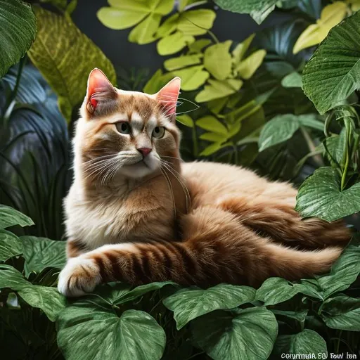 Prompt: A regal cat lounges amongst the verdant foliage of a lush garden, its piercing gaze fixed on something out of frame. The photography style captures every detail - from the individual leaves of the surrounding plants to the intricate markings on the feline's fur - transporting the viewer right into the heart of this beautiful scene