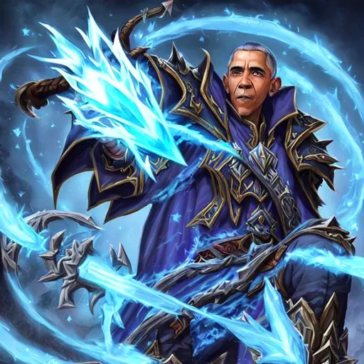 Prompt: Obama as a world of warcraft warlock casting a frostbolt