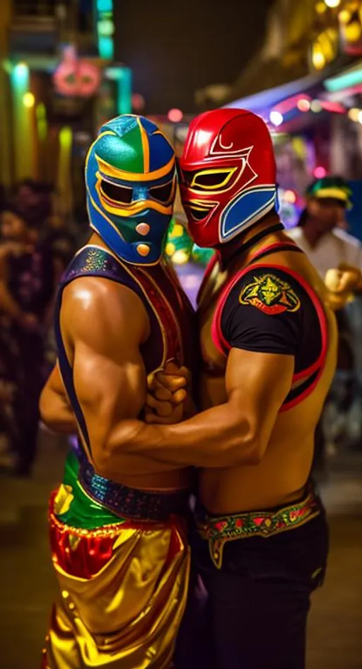 Prompt: Lucha Libre de Mexico. Two masked wrestlers. 