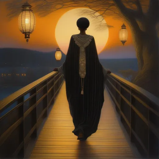 Prompt: fantasy art, oil painting, female lich with Black girl features, full body, masterpiece, highest quality, hyperdetailed, ultra-realistic, textured skin, sharp focus, walking across a bridge under the sunset, with lanterns by John Bauer illustrations.