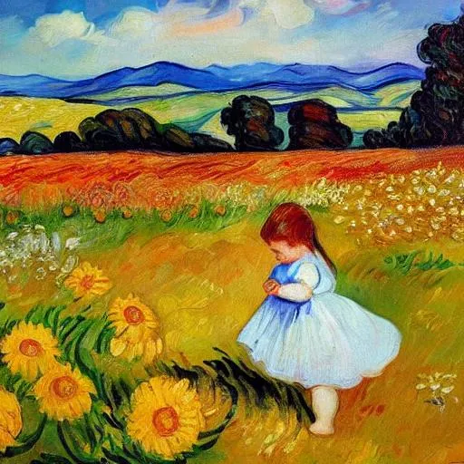 Prompt: Beautiful Romanian welsh painting. Van gough style spring meadow flowers including Baby girl. Fine art