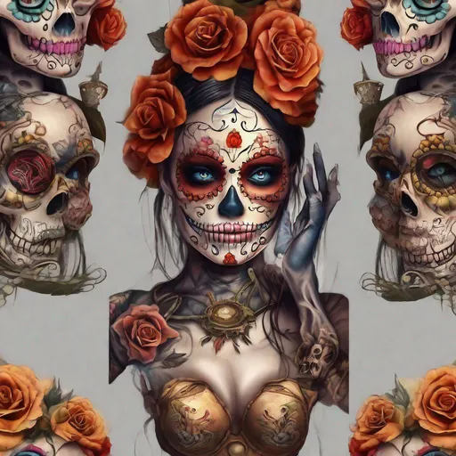 Mujer steampunk de calavera de azúcar realista con mangas tatuadas frente a  un lago congelado