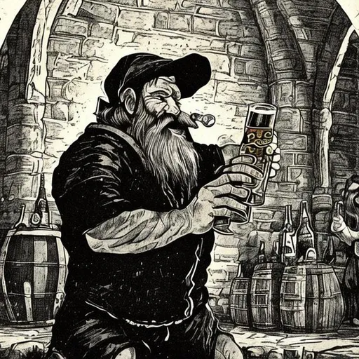 Prompt: Dwarf man with a long black beard and black hair drinking a large beer while praising Cayden Cailean.