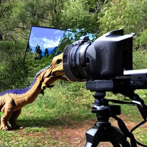 Dinosaur holding a camera OpenArt
