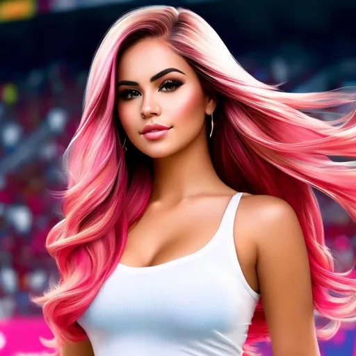 Prompt: Full body Portrait of {sexy Beautiful girl } with {pink} hair and with cute face, {At the Spanish FC Barcelona stadium}, full body, perfect composition, hyperrealistic, super detailed, 8k, high quality, trending art, trending on artstation, sharp focus , Realistic background image hd, intricate details, highly detailed.