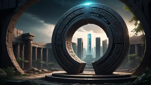 Prompt: magical portal between cities realms worlds kingdoms, circular portal, ring standing on edge, upright ring, freestanding ring, hieroglyphs on ring, complete ring, ancient babylonian architecture, gardens, ruins, turned sideways view, futuristic cyberpunk tech-noir setting, dark night