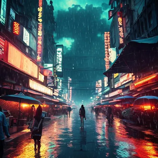 Prompt: Disrupting daily scene, realistic character, details, epic scene, realistic, photo, cinematic, floating lights, a bit of neon, diffusion, umbrellas in the sky, rising sun, reflective wet ground, hanging umbrellas, epic sky