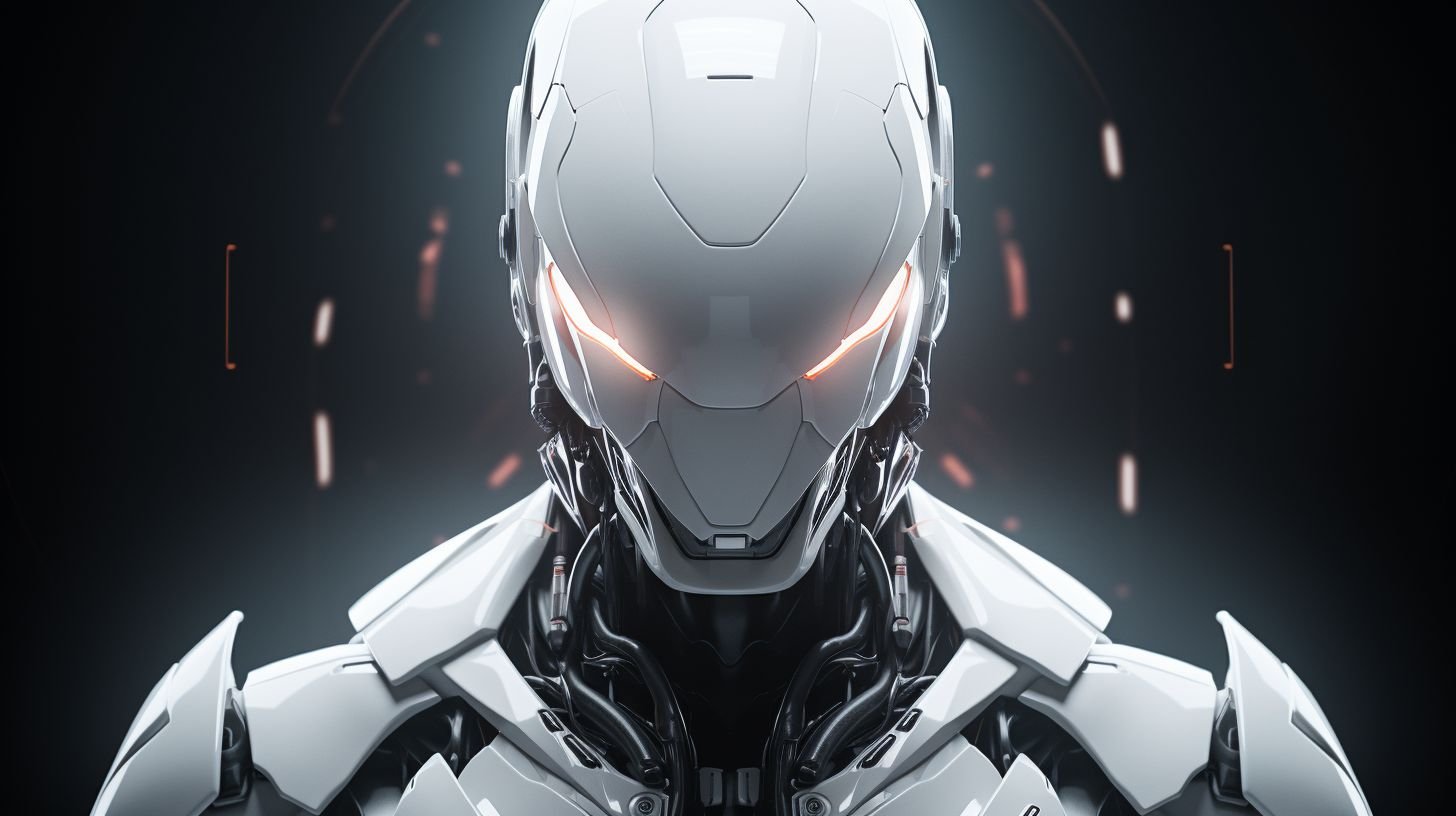 Prompt: The image showcases a futuristic robot with humanoid features. The robot possesses a sleek design, primarily in monochromatic tones, with detailed headgear and a prominent chest emblem. It stands against a gray background, emanating an aura of advanced technology.