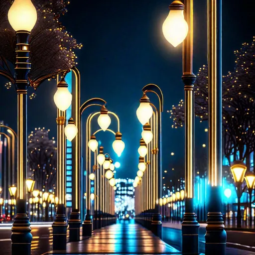 Prompt: The Fancy Vintage high-end Deluxe Street Lamps {high-detailed light bulb, high-detailed light bulb support, high-detailed transparent glass windows, high-detailed framework, 3D effects, light glow} are illuminating the Boulevard at night {Futuristic style}, UHD, 8K, HDR 3D, perfect composition, high contrast, order, harmony.