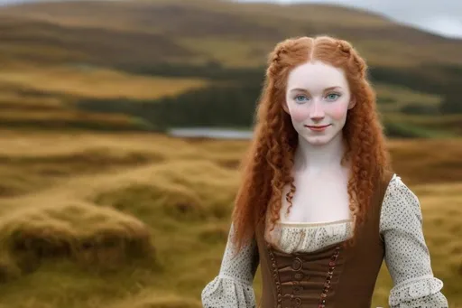 Prompt: Lass from scotland in 18th century,red curly long hair with mid brown eyes, pale skin, with freckes, landscape nature scotland
Dressed with clothes from 1760