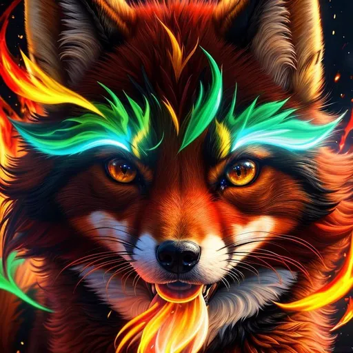 Prompt: (8k, 3D, UHD, highly detailed, hyper detailed, masterpiece, detailed oil painting) portrait of [fire elemental] ((fox)), (canine quadruped), adolescent, silky crimson-red fur, {yellow-green eyes}, 8k eyes, youthful, lively, lithe, bounding, black fur highlights, sharp focus, cinematic, vivid colors, brilliant colors, long silky hair on crest, slender, umber red mane, beautiful charming mischievous grin, wispy brown ears, wispy ruby-red mane flowers on fur, snow-capped trees, (rows of pink blossoming sakura trees), snow on fur, forest, silky bushy tail, billowing mane, professional, unreal engine, dynamic, intricate detail, intricately detailed fur, highly detailed face, best quality, highly detailed mouth, 4k, 16k, 64k, HDR, unreal 5, artstation, deviant art, instagram, trending,