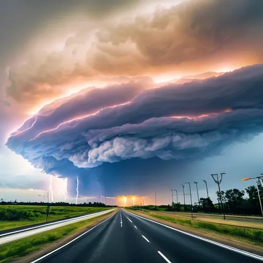 Prompt: a thunderstorm cloud over a highway through a grass plain