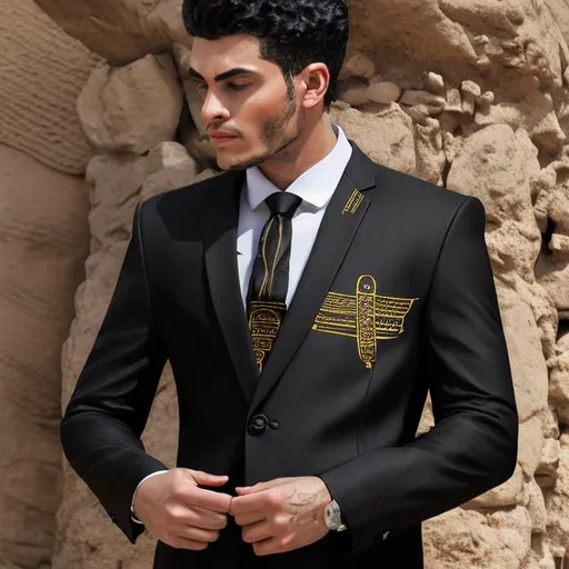 Prompt: Ablack men's suit with a modern black button, drawn from the ancient Egyptian civilization, with pharaonic inscriptions on it