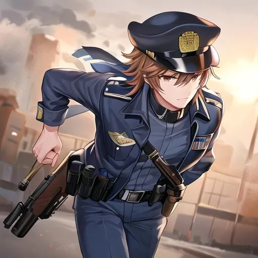 Prompt: Caleb as a police officer in a gunfight bullets flying, wounded
