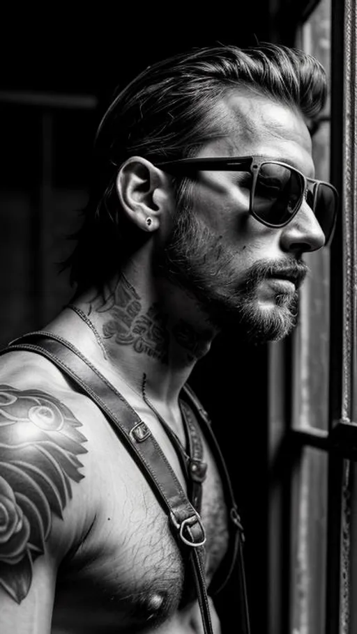 Prompt: Sensual, tattooed, shirtless, rustic  man from a random country, wearing sunglasses and an strapped leather harness, in an abandoned place near a window, cinematic, close-up portrait, grayscale, hyperrealistic, hyperdetailed, ambient light, perfect composition, provocative, textured skin, high contrast, profile portrait, ultra HD.