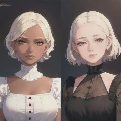 Prompt: (masterpiece, illustration, best quality:1.2), brown skin, soft face, detailed eyes, Victorian style, very short trimmed white hair, devilish like white eyes, wearing black nightgown, best quality face, best quality, best quality skin, best quality eyes, best quality lips, ultra-detailed eyes, ultra-detailed hair, ultra-detailed, illustration, colorful, soft glow, 1 girl