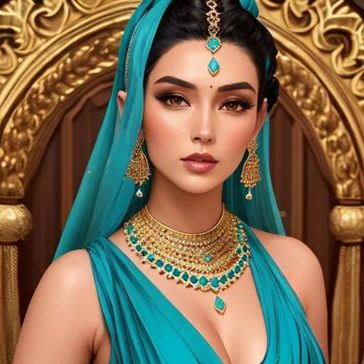 Prompt: an extremely gorgeous woman,  with dark hair in top knots, turquoise and gold jewels
