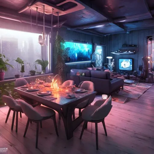 Prompt: futuristic cozy home dining area, chillwave, cinematic lighting, photorealistic, ultra detailed, hyper detailed