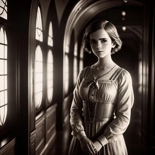Prompt: old time photo of young emma Watson, dressed with 1920s very short hair, wearing dress, standing on old Titanic, raw photo, photorealistic, High Detail, dramatic, UHD, HDR raw photo, realistic, sharp focus, 8K high definition, insanely detailed, intricate, high quality, 