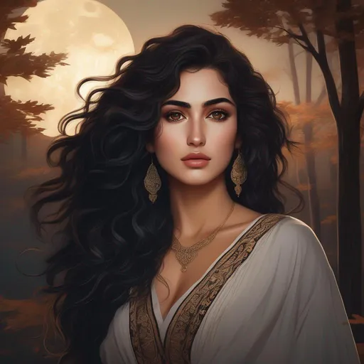 Prompt: highest quality anime art masterpiece, digital drawing, Azerbaijani woman with long black thick wavy messy hair:vistani, round face, broad cheeks, sad in a forest on a dark foggy night, big brown eyes, tanned skin:2, waxing moon, huge long wide broad hooked greek aquiline algerian oriental arabic nose, ethereal, jewelry set, highres, realistic, highly detailed, fantasy, gypsy, roma, D&D, Ravenloft, by Ilya Kuvshinov