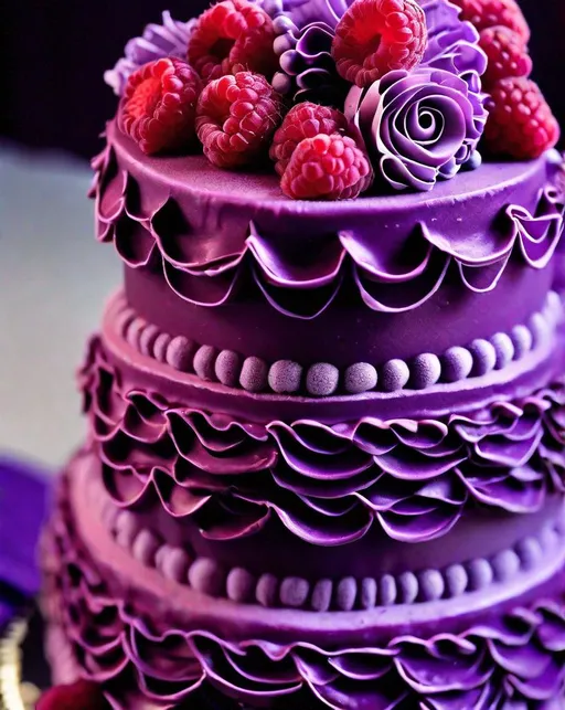 Prompt: A towering, three-tiered cake frosted in rich purple buttercream. The cake is elegantly decorated with fresh raspberries, their jeweled tones contrasting the lavender hue. A cascade of buttercream ruffles borders each circular layer. Lit from the side to accentuate texture. Shot with a macro lens for an intimate, indulgent viewpoint.