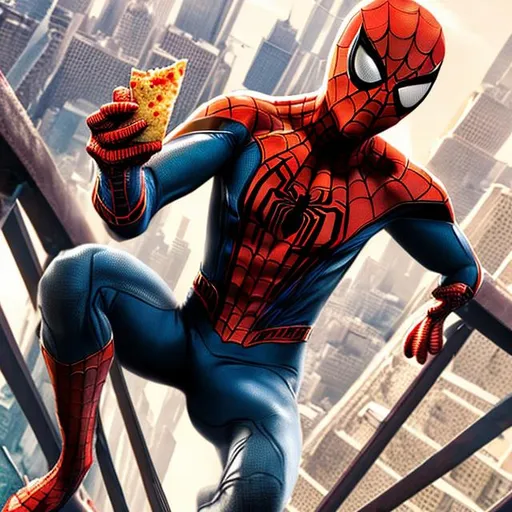 Prompt: Spider-Man holding a hot pocket on a bridge with big juicy apples, eating them