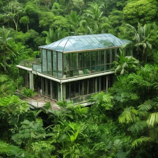 Prompt: a glass house within jungle, photograph