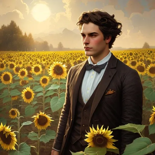 Prompt: Splash art portrait of ruggedly handsome dark brown haired man with short hair, 30 years old, in a sunflower field, victorian light clothes, elegant, highly detailed, intricate, smooth, sharp focus, artstation, digital painting, concept art, art by greg rutkowski, alphonse mucha and John William Waterhouse, light, romantic, happy, soft, gentle, golden, warm, summer