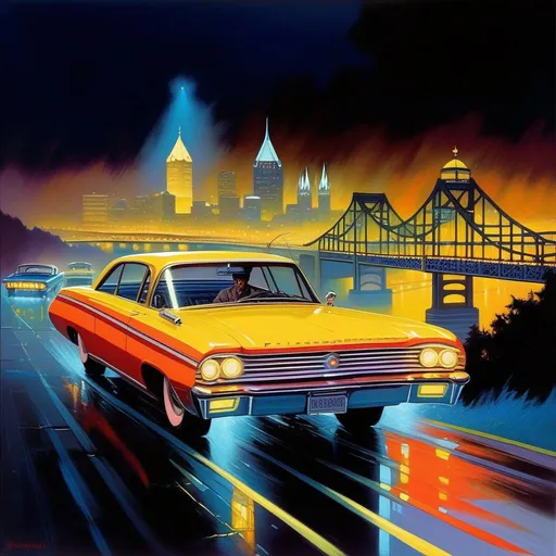 Prompt: 1960s, Pittsburgh at night, neon, car chase, rain, fog, cold blue atmosphere, cartoony style, extremely detailed painting by Greg Rutkowski and by Henry Justice Ford and by Steve Henderson 

