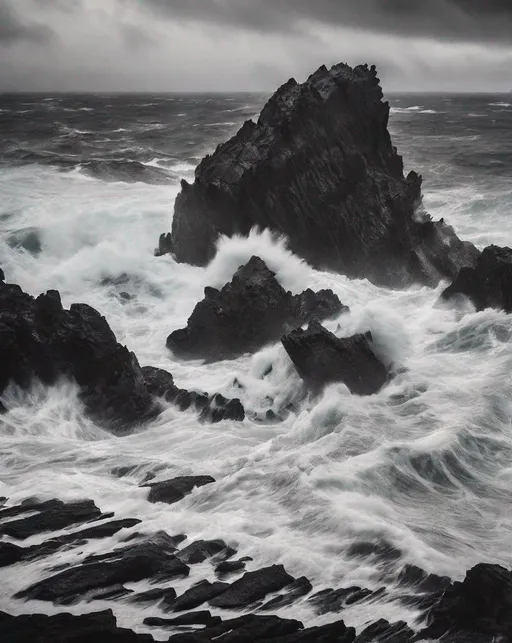 Prompt: Massive storm waves violently crashing against black volcanic rocks on a gloomy, overcast day. The brooding dark ocean water churns and foams as waves smash into the jagged rocks. Shot with a high shutter speed to freeze the motion. Moody black and white edit creates a dark, ominous mood. Minimalist composition highlights the raw power and beauty of nature. Shot with a Canon EOS R5, 70-200mm lens at f/4, 1/2000 shutter speed.