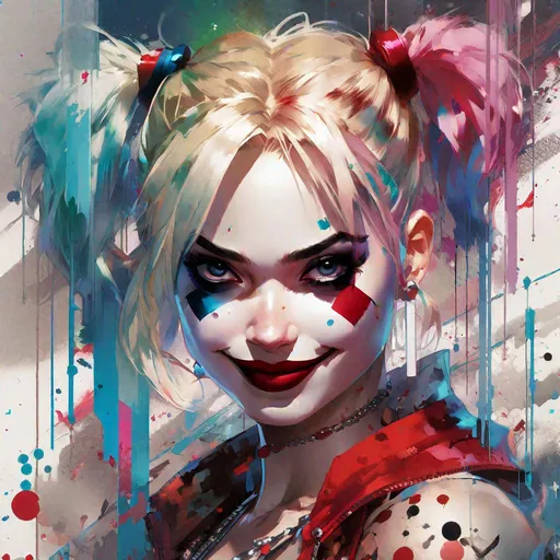 Prompt: "harley quinn; anime portrait by carne Griffiths, Krenz Cushart, WLOP and Akihiko Yoshida;r/art; a masterpiece; splash art by Disney; anime key visual | uncloth"