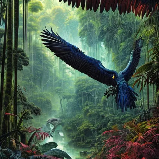 Prompt: Landscape painting, lush and dark jungle, a huge colorful bird with long tail-feathers, dull colors, danger, fantasy art, by Hiro Isono, by Luigi Spano, by John Stephens