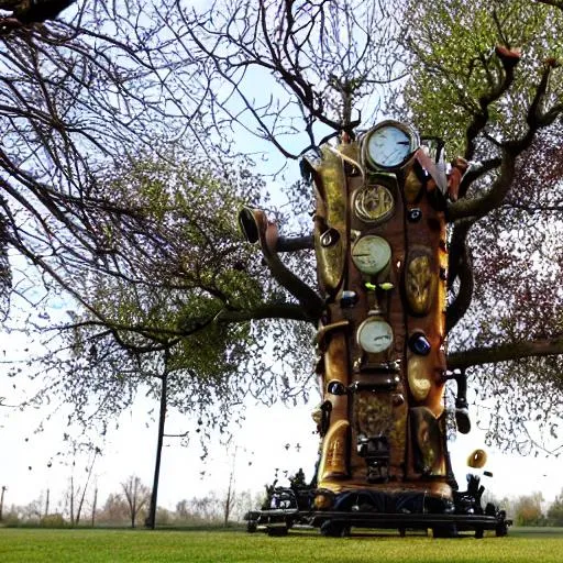 Prompt: a large steampunk tree in the park with wind instruments growing on it. Each musical instrument can be seen with its pressure gauge.